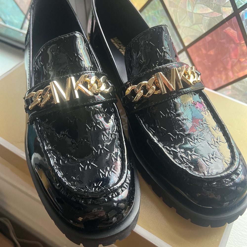 Michael Kors Black Patent Loafers with Gold Accent